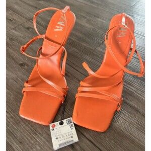ZARA Orange Strappy Heels Sandals Womens Size 11 US 42 EU Open Toe Ankle Strap